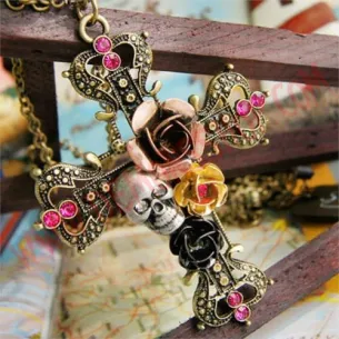 Colgante Cross Skull and Flowers